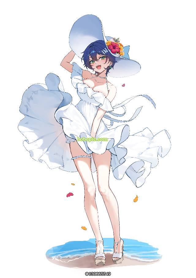 女孩子, Rin (Zenless Zone Zero), summer dress, 露肩, wide brim hat, picture hat, 美腿, 绝区零1000收藏, skirt in the wind, 绝区零