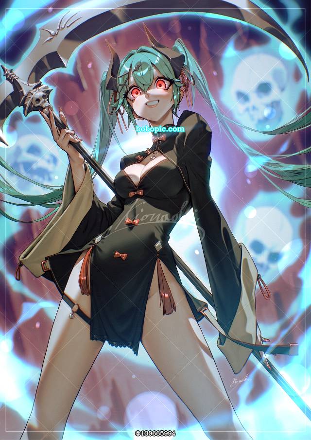 女孩子, request, character, horned girl, 旗袍, 双马尾, 初音未来