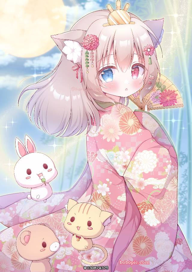 女孩子, moe, 兽耳, 异色瞳, 和服, 吉祥物, 萝莉, cat ears