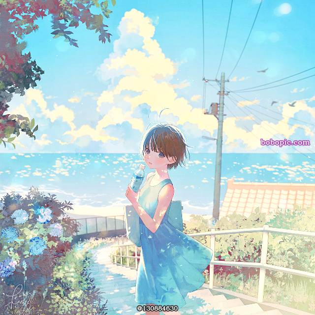 原创, 女孩子, sea, 积雨云, 紫阳花, sunlight through trees