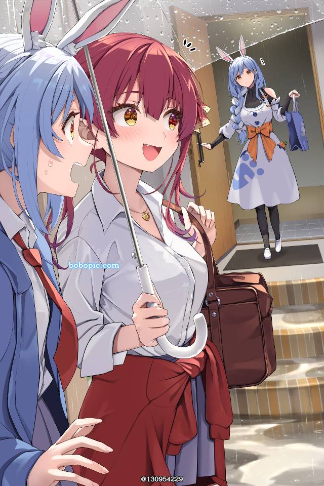 Houshou Marine, Usada Pekora, 虚拟主播, Hololive, 佩克拉妈妈, Virtual YouTuber 1000+ bookmarks, sharing an umbrella