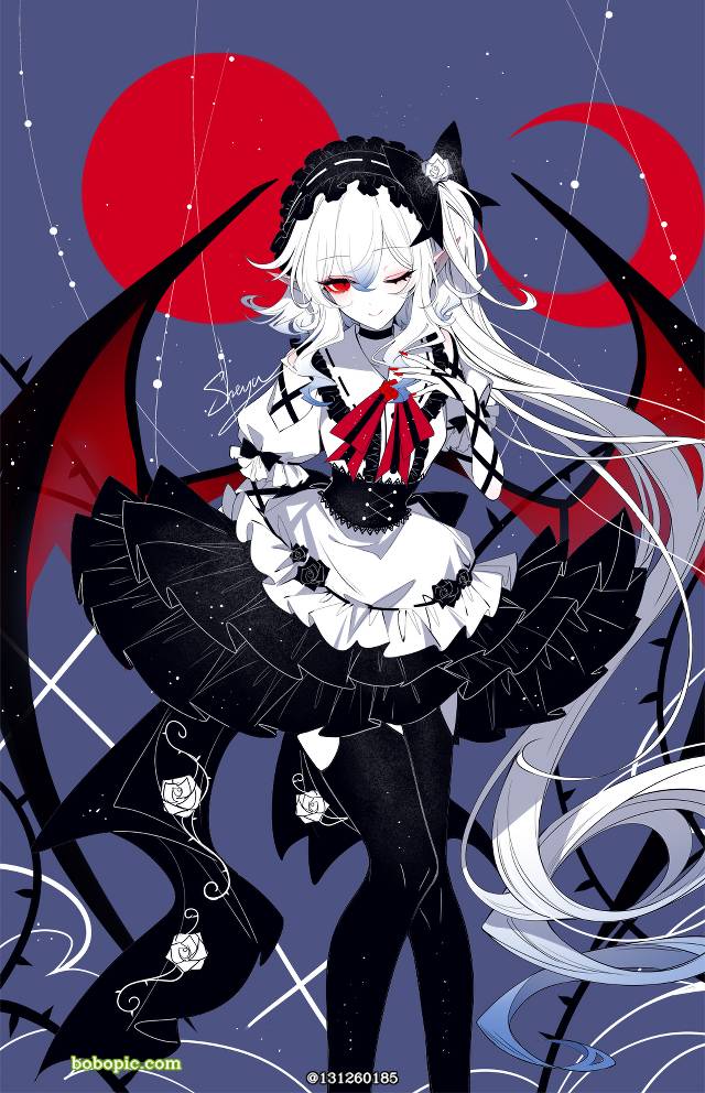 原创, 女孩子, 原创, 白发, red eyes, 恶魔, 吸血鬼, 黑