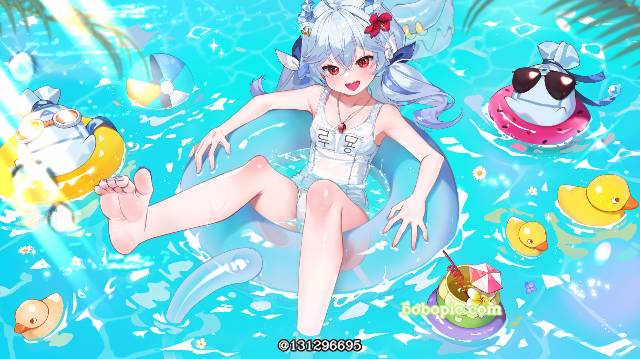 泳装, 学校泳装, 学生泳衣, 双马尾, sea, 泳池, 虚拟主播, playing in the water, 游泳圈