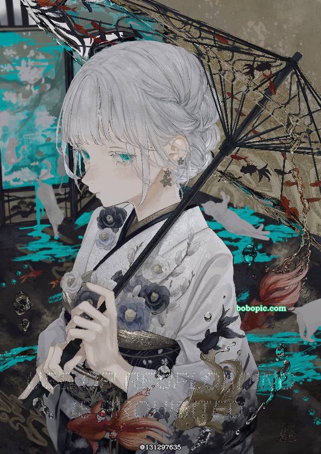 原创, 女孩子, 原创, 银发, 和服, 金鱼