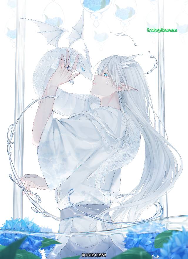 白发, 原创, 原创, 男孩子, 和风, 紫阳花, water, 龙