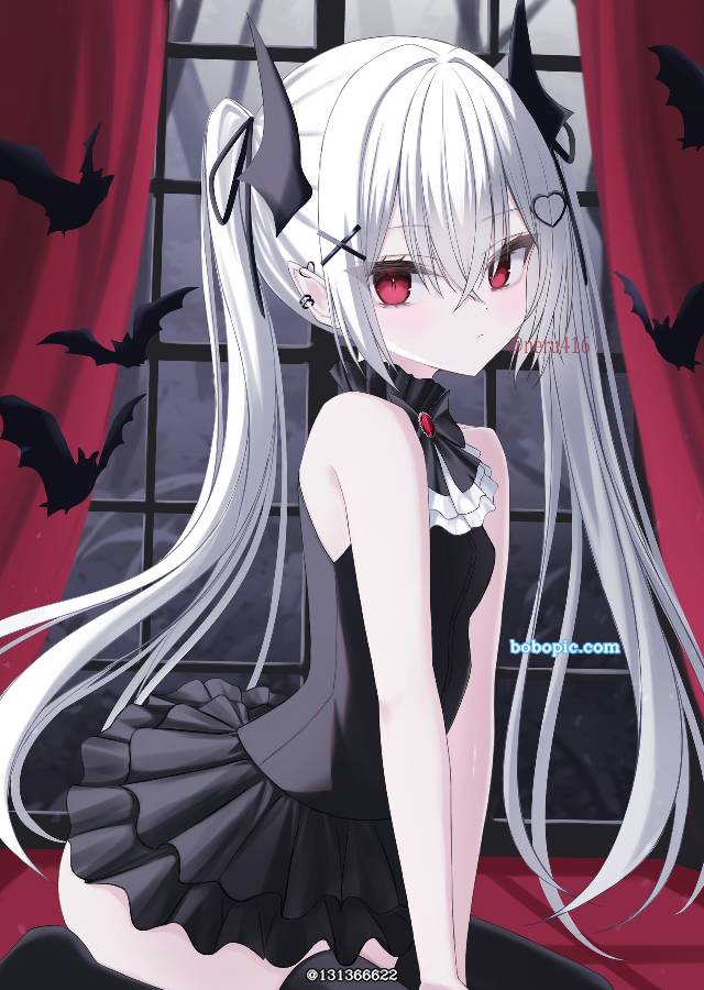 原创, 女孩子, 白发, 双马尾, vampire, red eyes, 无袖