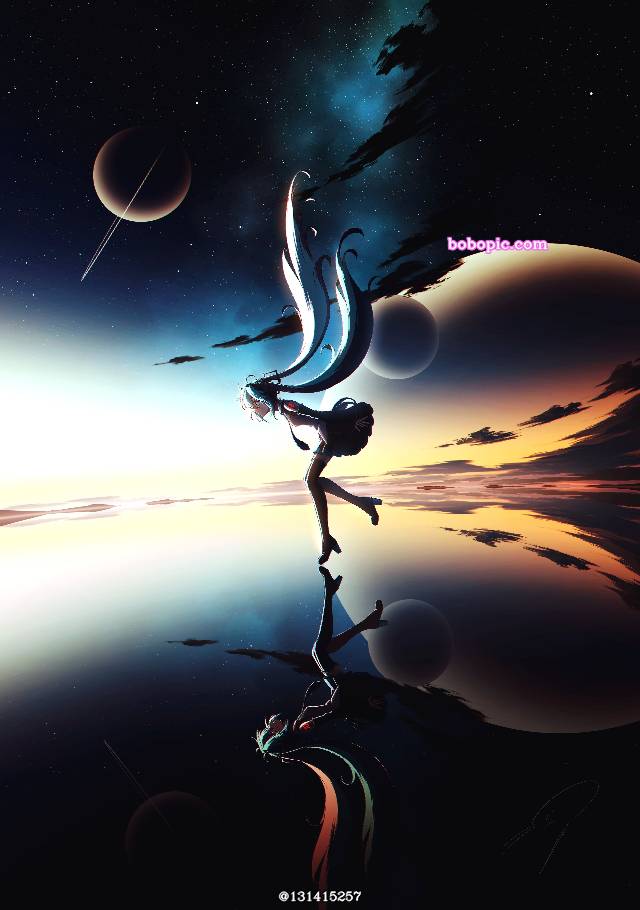 女孩子, fantasy, starry sky, reflection pool, 插画, universe, 初音未来, vocaloid