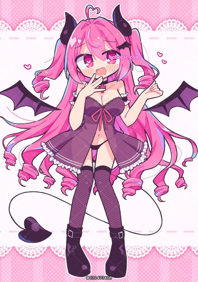 女孩子, 魅魔, 肚脐, 双马尾, half-up hairstyle, heart eyes, 粉色头发, 恶魔