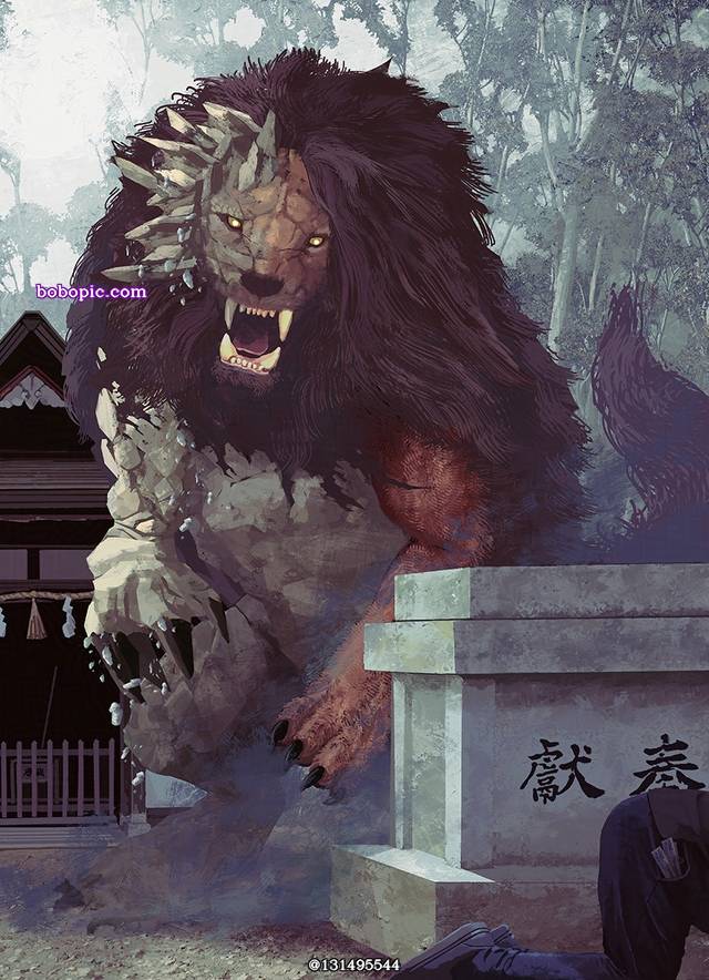 原创, lion dog, shinto shrine