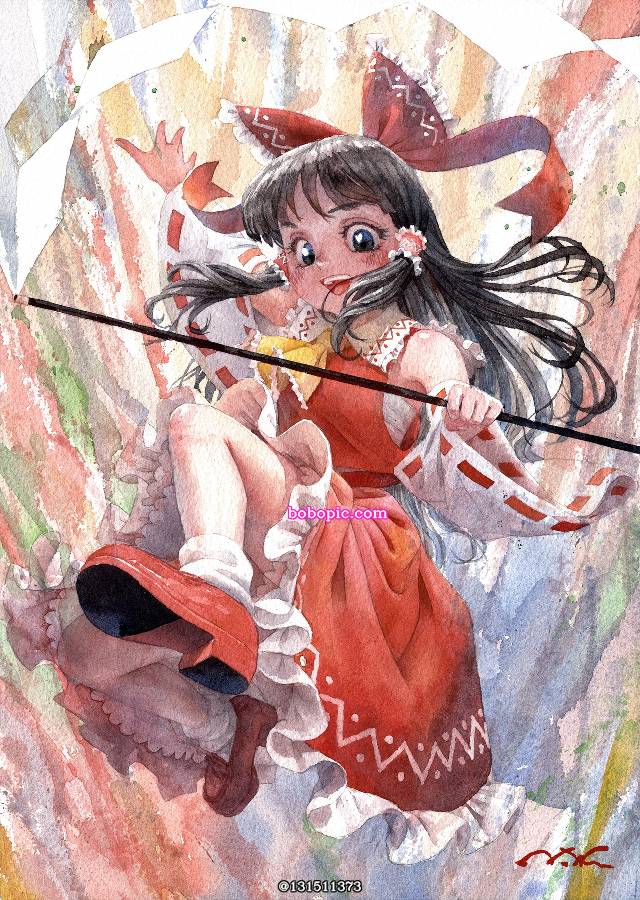 博丽灵梦, 东方Project, 东方, transparent watercolor, analog illustration, 手绘