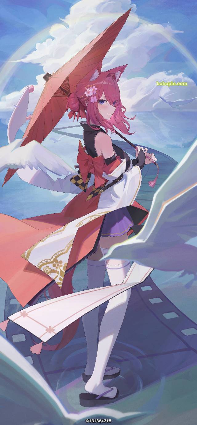 原创, 樱, lake, Japanese umbrella, 狐狸, 和服, miko