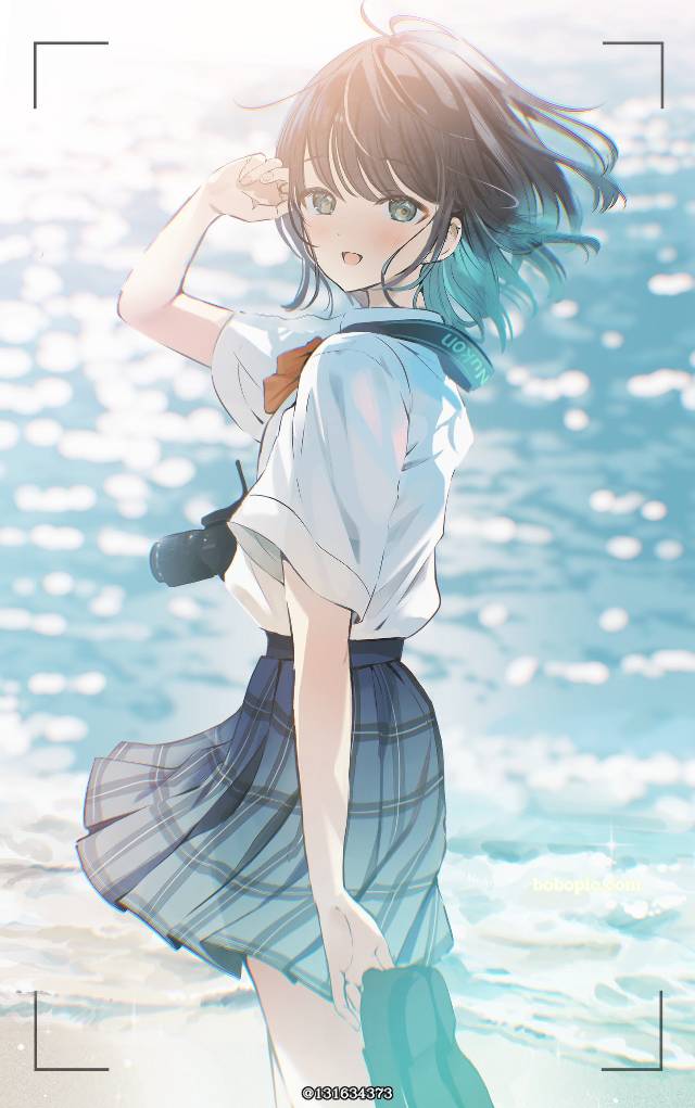 女孩子, uniform, sea, 赤脚, 夏天, camera