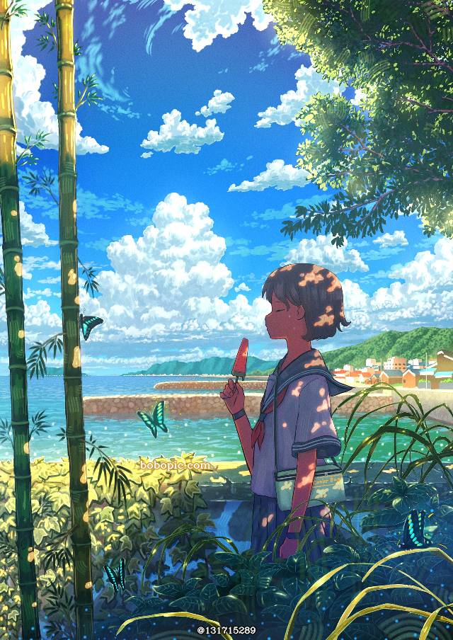 原创, 原创, 女孩子, background, 风景, 夏天, 积雨云, 女高中生, sky