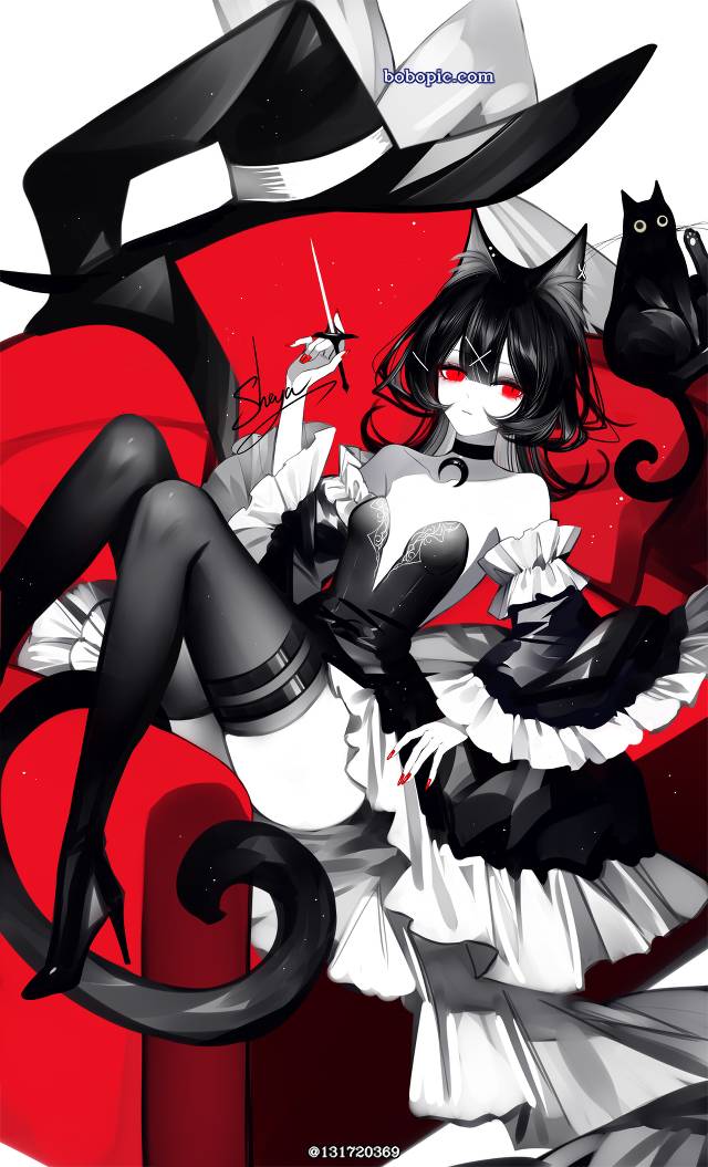 女孩子, 原创, red eyes, 黑, cat ears, 原创, cat