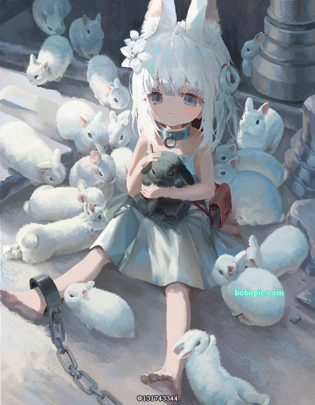原创, 兽耳, 女孩子, 兔子, 我家孩子, 白色连衣裙, 废墟, 赤脚, archeological site​