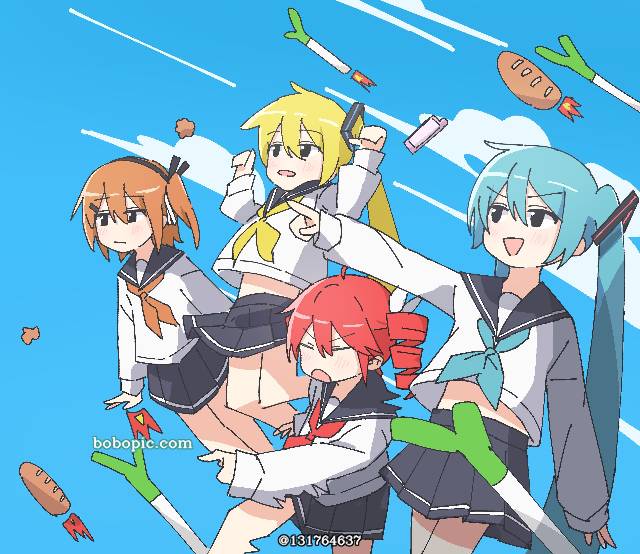 初音未来, 重音Teto, akita neru, Vocaloid, vocaloid, 插画, 女孩子