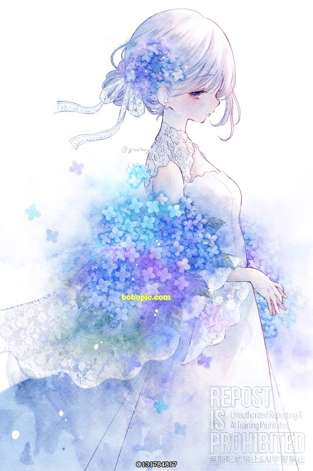 原创, 女孩子, 原创, 白发, 花和女孩子, wedding dress, 紫阳花, rainy season look
