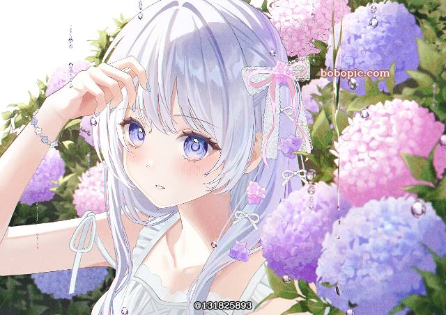 梅雨,白发,紫阳花,美甲,花和女孩子图片
