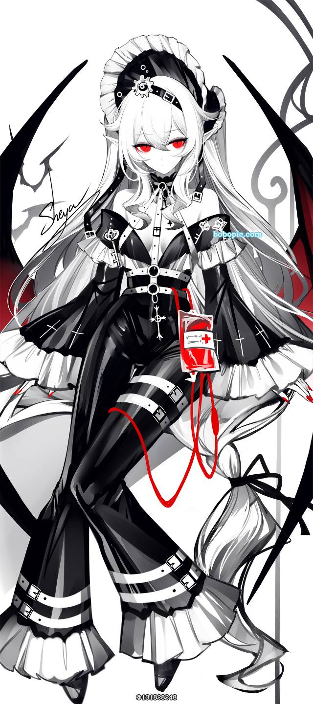原创, 女孩子, 白发, 恶魔, 吸血鬼, red eyes, 黑