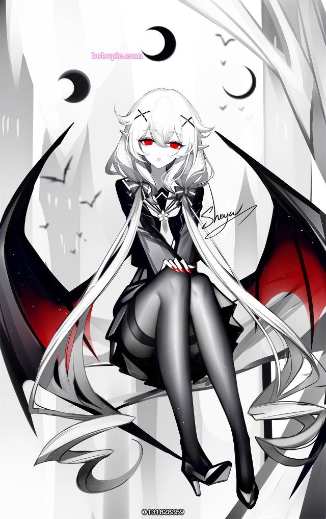 白发, 原创, 女孩子, red eyes, 吸血鬼, 恶魔, 黑