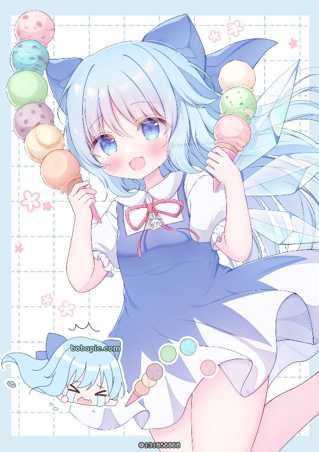 琪露诺, 东方Project, baka, 大腿, ice cream, long-haired Chirno, fairy