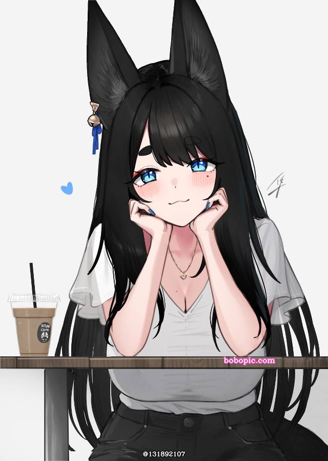 黑长直, huge breasts, fox ears