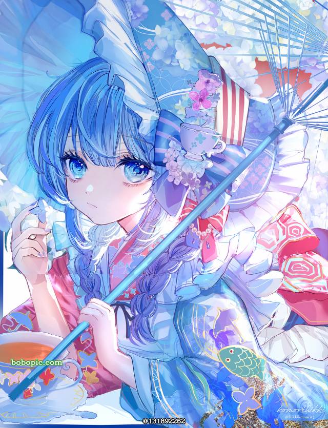 原创, young girl, 原创, rainy season, 紫阳花, aqua, Japanese-style, 复古, Japanese umbrella