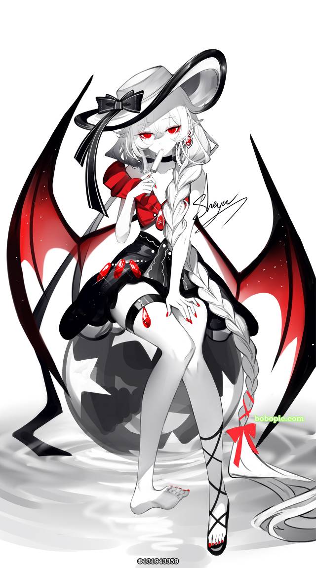 原创, 白发, 女孩子, red eyes, 黑, 恶魔, 吸血鬼