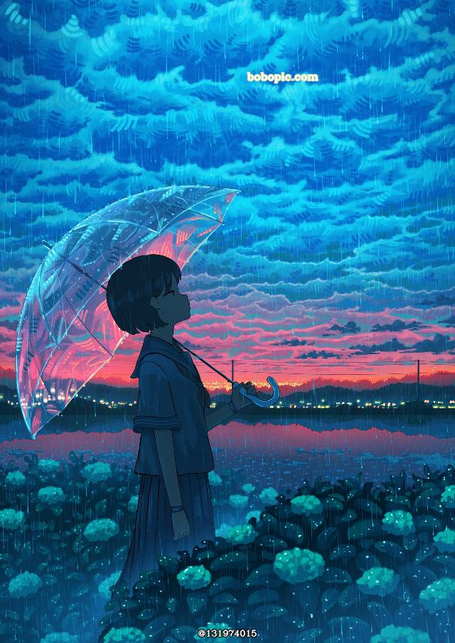 原创, 原创, background, 风景, sky, rain, 女高中生, 紫阳花