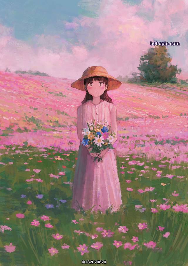 女孩子, 风景, background, 原创, flower field, cosmos, 傍晚