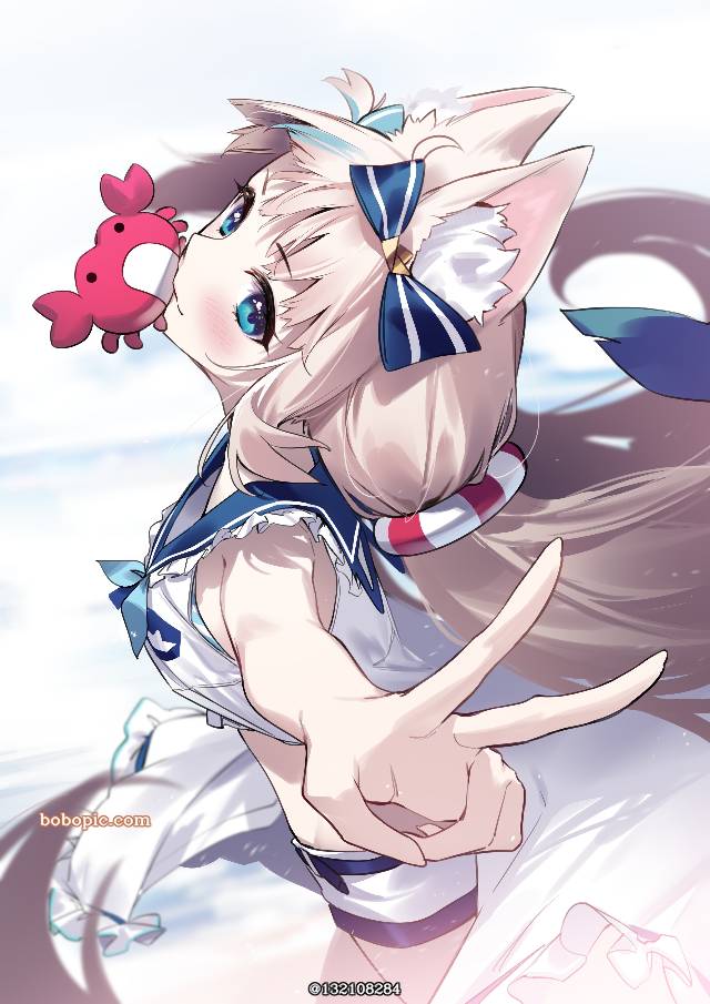 虚拟主播, cat ears, peace sign, very long hair, Virtual YouTuber 1000+ bookmarks