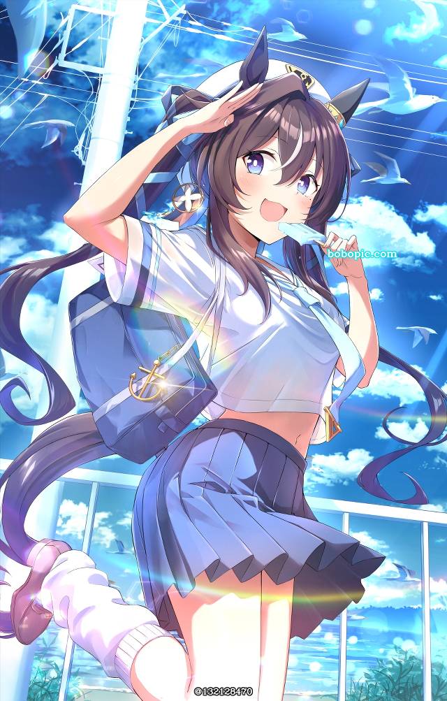马娘, 强击（赛马娘）, 水手服, loose socks, salute, 冰棒, 肚脐