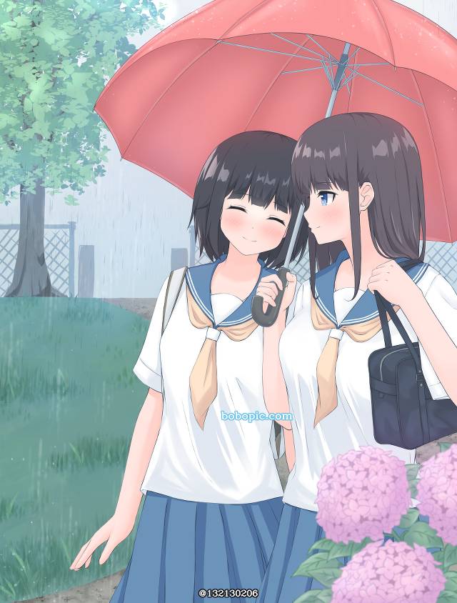 女孩子, yuri, uniform, 紫阳花, rain, Riko, 原创角色