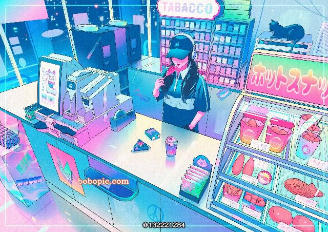 原创, 女孩子, convenience store, 食物, everyday life, night, neon, 双马尾, cap