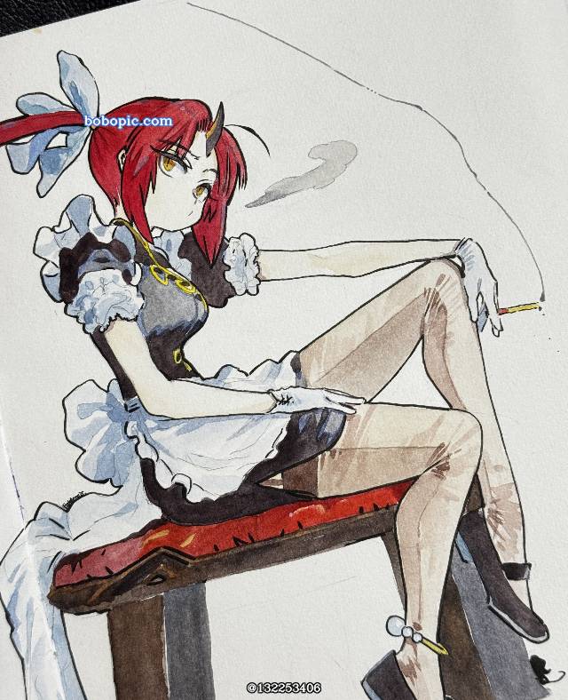 原创, 手绘, 插画, Red-haired ponytail