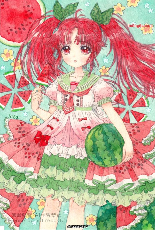 原创, 女孩子, 西瓜, red pigtails