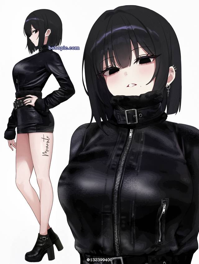 原创, beautiful girl, Leather jacket, jacket, boots, 裙子, fashion, 短发, breast