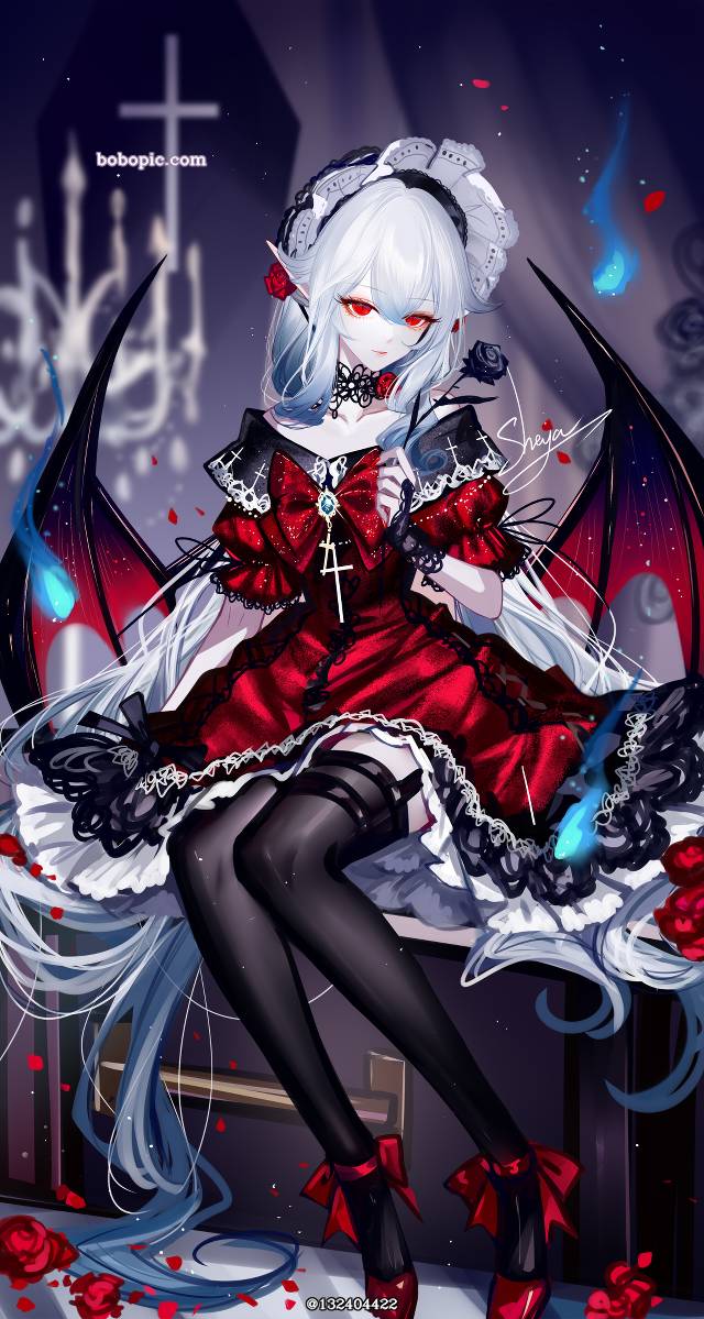 原创, 女孩子, 恶魔, 白发, red eyes, 吸血鬼
