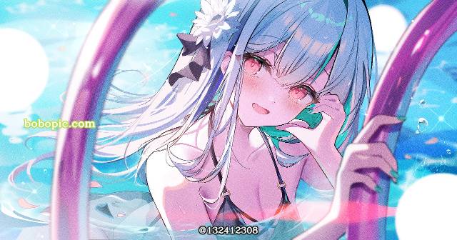 原创, 可爱, 女孩子, 蓝, 泳池, 泳装
