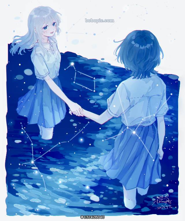 原创, 女孩子, 原创, 蓝, 插画, young girl, fantasy, starry sky, tanabata