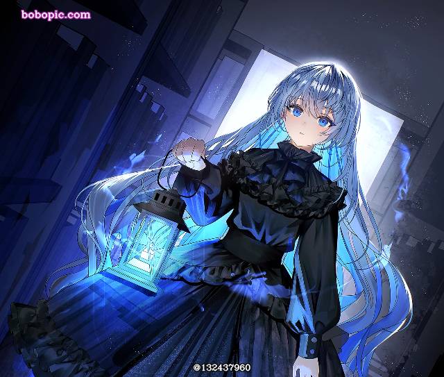 女孩子, 原创, 原创, 银发, lamp, 黑色连衣裙