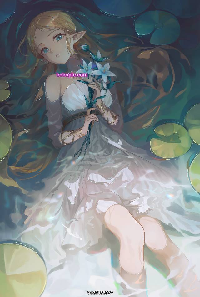 塞尔达传说, 金发, 精灵耳, 白色连衣裙, 塞尔达（旷野之息）, water surface, flower