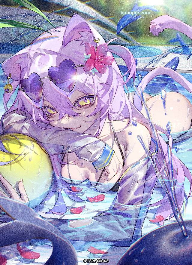 女孩子, 原创, 插画, 夏天, 泳装, cat ears, beach ball