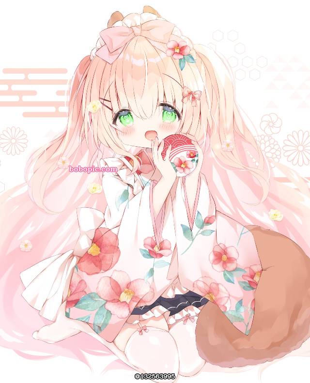萝莉, 兽耳, squirrel ears, 白色过膝袜, 吊袜带, Japanese maid, 和服, 金发, two-side up