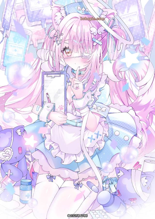 女孩子, 原创, 粉色头发, angel, 双马尾, 兽耳, 眼罩, 护士