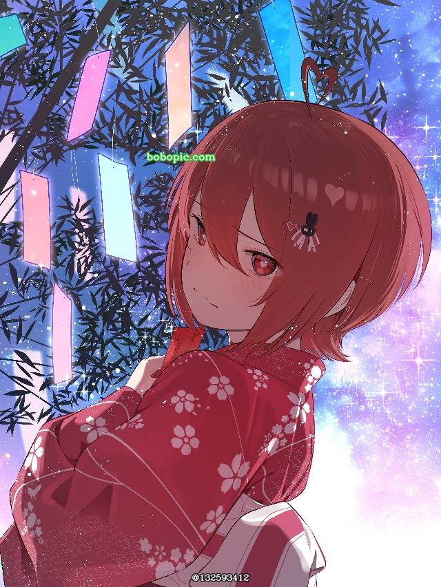 女孩子, red hair, yukata, 夏天, tanabata, 商业绘图