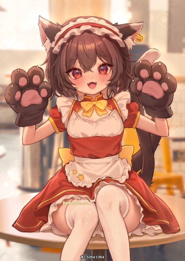 东方Project, Chen, animal ears, 女仆, cheeeeeeeeeen, 东方Project250收藏, white thigh-highs, 茶发