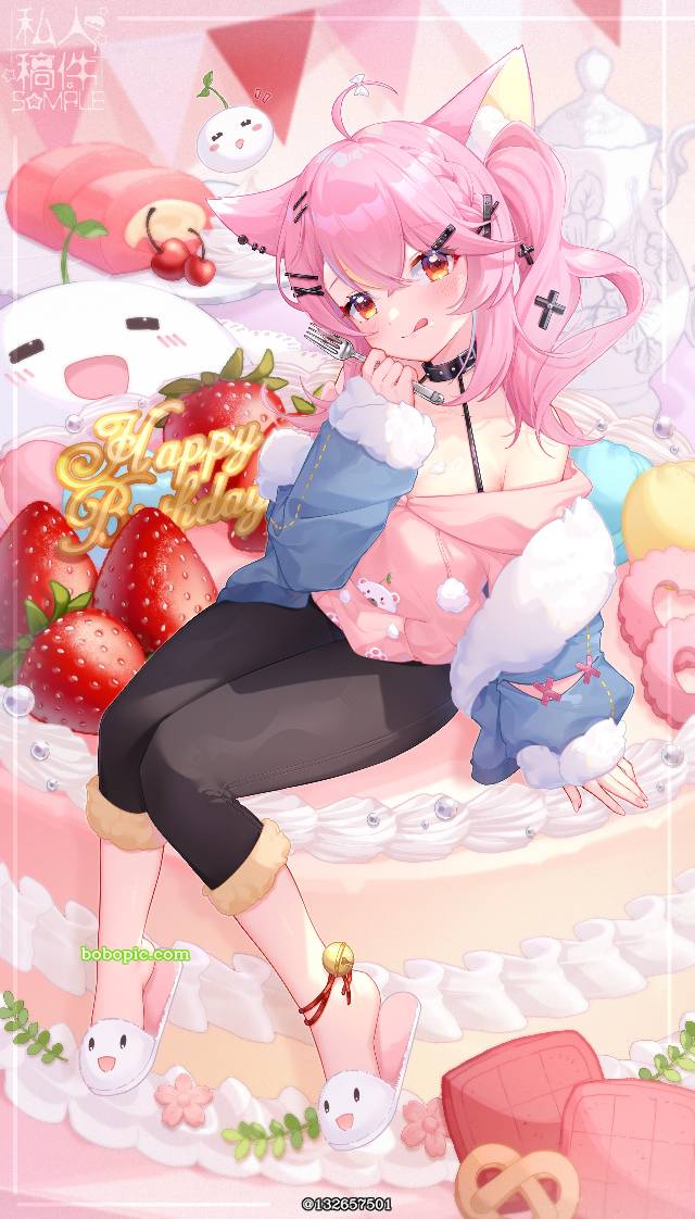 女孩子, 兽耳, 蛋糕, 莓, young girl, 粉色头发, 项圈, slippers