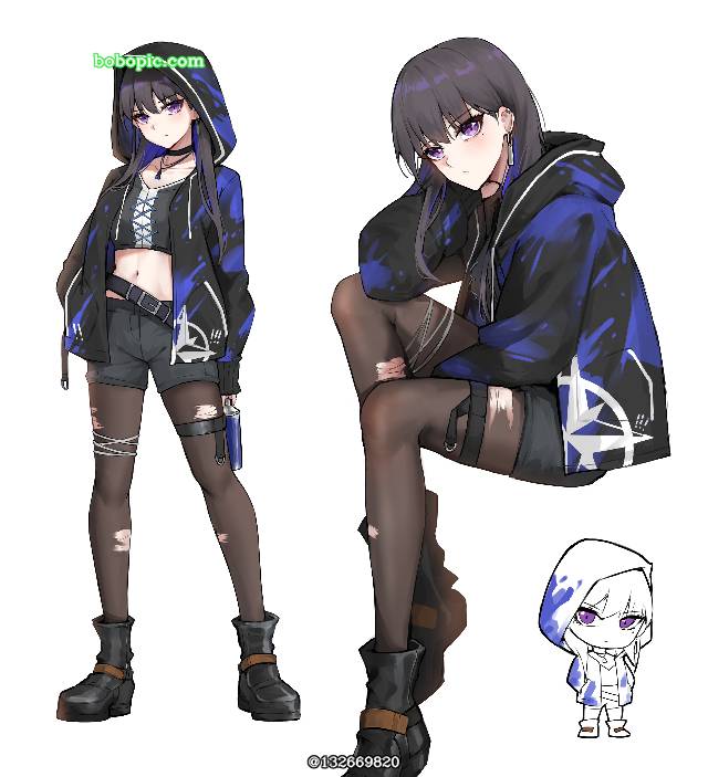 女孩子, Taki Shiina, street, 连帽衫, 破损的丝袜, 腿, purple eyes