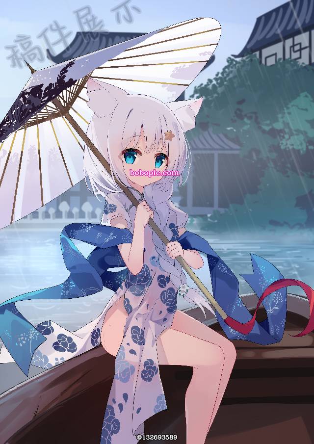 cat ears, 女孩子, flat chest, rain